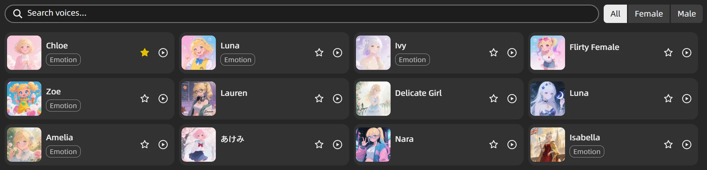 Favorite voices in the character editor