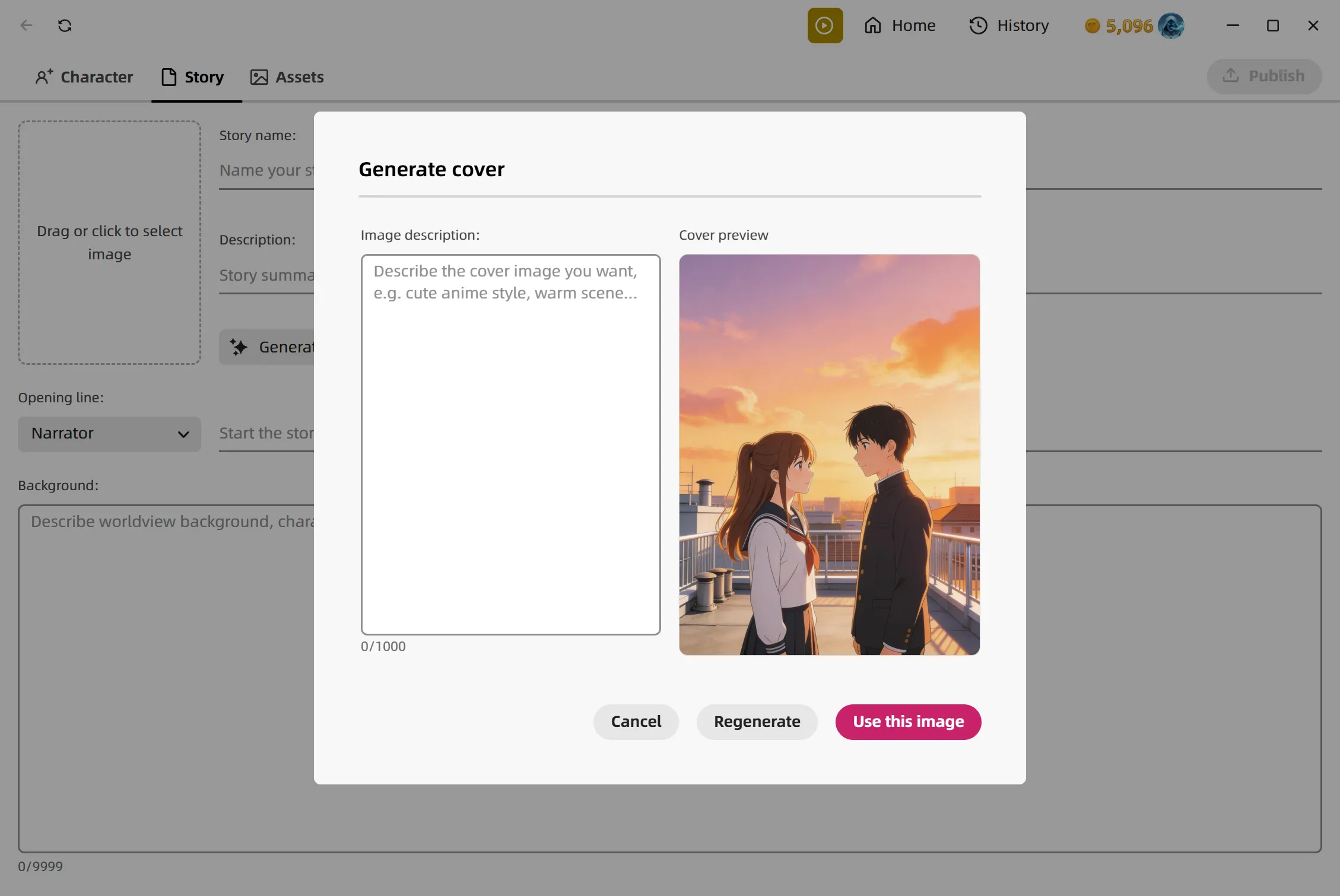 Story cover generation dialog and preview